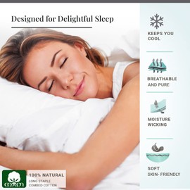 Pizuna Pure 100% Cotton Sheets King Size, 600 Thread Count Long Staple Cotton Crisp Sateen Sheets King with 15inch Deep Pocket (Combed White Damask Stripe Cotton Sheets King)