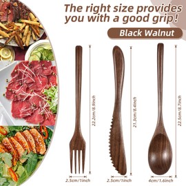 Geiserailie 12 Pcs Wooden Utensils for Eating Wooden Spoon Fork Knife Cutlery Set Kitchen Wood Dinner Flatware Tableware Set Includes Spoon, Fork, Knife (Black Walnut)
