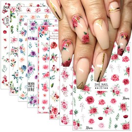 8Sheets Flowers Nail Art Stickers Decal 3D Self-Adhesive Nail Art Supplies Spring Floral Nail Decals Colorful Flower Rose Charming Design French Sticker Charms for Women Manicure Decorations