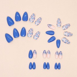 Press on Nails Short Fake Nails Almond Glue on Nails Flowers Acrylic Nails Blue Full Cover Nails Press ons Simple Artificial Reusable False Nails Glossy Stick on Nails for Women 30 Pcs
