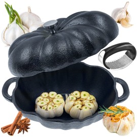 AOKDEER Garlic Roaster, Pre-Seasoned Cast Iron Garlic Roaster Oven Baker and Garlic Presses Set for Kitchen, Pumpkin Soup Pot Casserole, BBQ Grill Garlic Roasted Baker Tool for Outdoor BBQ Camping