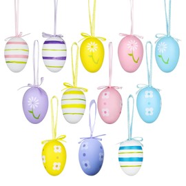 Pack of 12 Easter Eggs for Hanging, Colourful Easter Eggs Decoration, with Silk Ribbon, Craft Easter Eggs, with Various Style Strips, Dots, Flowers, Painted Eggs, for Children, Easter Crafts,