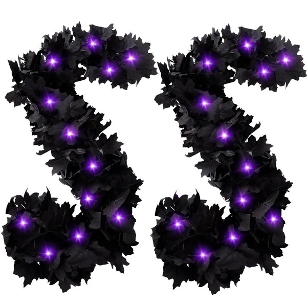 2 Pack Black Artificial Fall Maple Leaf Garland 5.7Ft Halloween