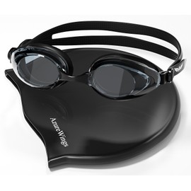 AzureWings Swim Goggles + Swim Cap Women Men Adult Kit, Anti-Fog UV No Leak - Upgraded HD Racing Goggles Swimming for Men & Women, Black-Smoke + Cap