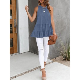 HAEOF Women's Sleeveless Casual Summer Tops Crew Neck Flowy Babydoll Loose Fit Shirts Tunic Tank Boho Top(Dustyblue, M)