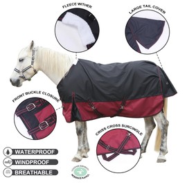 Gallopoff 1200D Ripstop Poly Medium Weight (200g Fill) Waterproof Winter Turnout Horse Blanket with Standard Neck Blackwine 69"