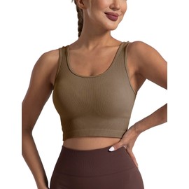 SPRIMEMONG Women's Ribbed Crop Tank Yoga Cropped Top for Workout(Black,Grey,Cedar Brown,L)
