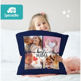 SpecialMe® Cushion Cover Photo Cushion Collage up to 4 Pictures and Desired Text Photo Gift Best Mum Decorative Cushion Cotton Navy Standard