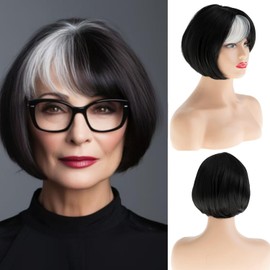 Dsimeig Black and White Bob Wig Short Straight with Bangs for Women Synthetic Natural Looking Cosplay Hair Wig