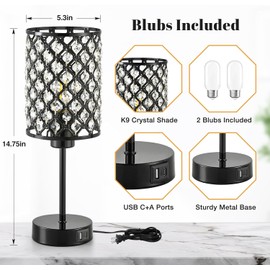 GyroVu Touch Control Table Lamp, Black Crystal Table Lamps Set of 2 with 2 USB Charging Ports, Dimmable Bedside Nightstand Lamps for Living Room, Bedroom, Guest Room, Bulbs Included