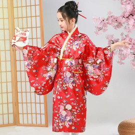 KRUIHAN Japanese Kimono Kids,Traditional Japanese Style Sakura Yukata Dress for Girls,Kids Satin Kimono Robe,Girls Cosplay Costumes Party Dress,with Folding Fan and Tabi Socks,Style A,Red,150