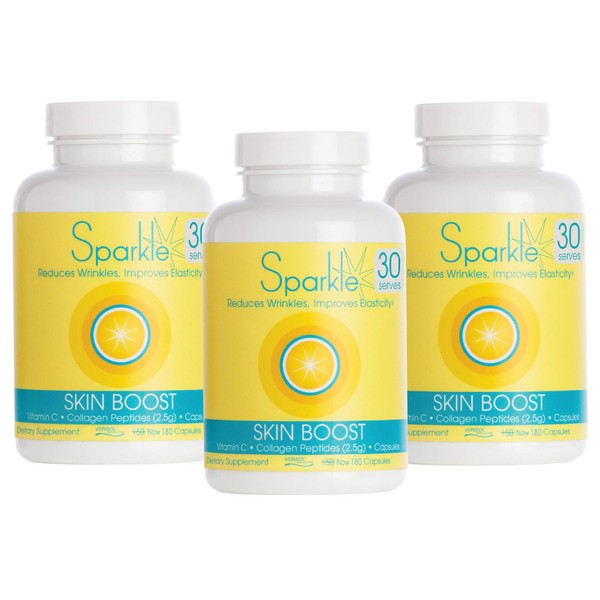 Sparkle Skin Boost Collagen Capsules 3-Pack (180 Pills Each Bottle) 30 Days Featuring 2500mg Verisol Bioactive Collagen Peptides