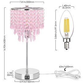 Crystal Touch Control Table Lamp with Dual USB Charging Ports, 3 Way Dimmable Bedside Lamp with Pink Shade, Decorative Nightstand Lamp for Girls Bedroom, Living Room, Office, B11 LED Bulb Included