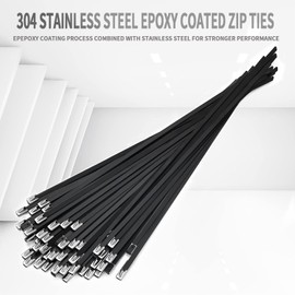 Metal Zip Ties black 100pcs 11.8 inch 304Stainless steel Epoxy Coated Cable Tie Multi-purpose Self-locking Cable Ties used for machinery, vehicles, farms, cables, pipesas well as Outdoor binding