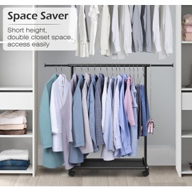 MISSLO Short Clothing Racks for Hanging Clothes with Bottom Shelves and Wheels Heavy Duty Rolling Clothes Rack Kids Clothing Rack for Adult Coat, Closet, Wardrobe (Black)