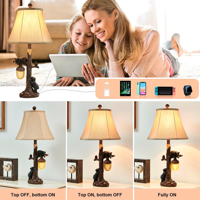 LOKHOM Rustic Western Bear Table Lamp with Nightlight Set of