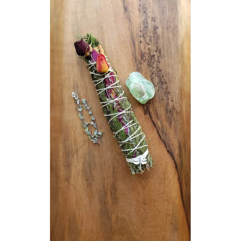TRANSFORM Smoke Cleansing Wand, Rosemary, Cinnamon, Marjoram, Green Calcite
