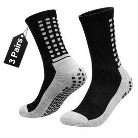 YUEDGE Men's Soccer Grip Socks Anti Slip Non Slip Cotton Black Cushioned Football Basketball Sports Grip Socks Size 9-11, 3 Pairs