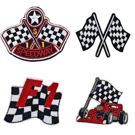 CYWQ 4Pcs Checkered Racing Flag Iron On Patches, Black & White F1 Racing Flag Embroidered Applique for Bags Hat Jean Jacket Biker Motorcycle Sew