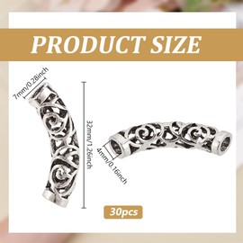 PH PandaHall 30pcs Curved Tube Spacer Beads 32mm Hollow Tube Beads Tibetan Hollow Noodle Beads Antique Silver Tube Beads Alloy Loose Tube Beads for Jewelry Making Necklace Bracelet, Hole: 4mm