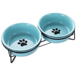 GDCZ Ceramics Raised Cat Bowls with Heighten Metal Stand,15 Ounces Turquoise