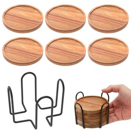 6 Pcs Wooden Coasters with Holder, Coffee Table Coasters for Drinks, Anti Slip Bottom Absorbent Cup Pad, Round Wood Cork Coaster for Farmhouse Bar Coffee Table