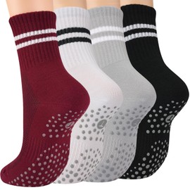 floconssy Pilates Socks with Grips for Women, Yoga Non Slip Grippy Crew Socks for Hospital Barre Gym Sticky Slipper Socks 4 Pairs Red Size 6-10