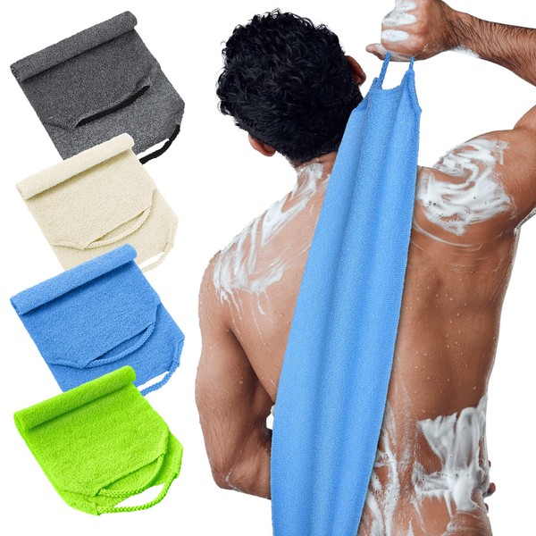 4 Pieces Exfoliating Back Scrubber for Shower Nylon Back Exfoliator Extended Length Back Washers Scrubbers Stretchable Pull Strap Exfoliating Washcloth with Handles