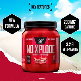 BSN Nutrition N.O.-Xplode Pre Workout Powder Food Supplement, Energy and Focus Booster with Caffeine, Amino Acids, Vitamin C and Zinc, Red Rush Flavour, 50 Servings, 650 g