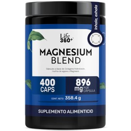 LIFE 360 Suplemento Magnesium Blend con 4 Magnesios, Envase con 400 Cáps.  Contiene óxido, glicinato, gluconato y citrato de magnesio con colágeno... 