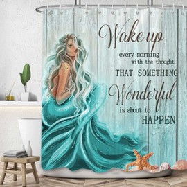 Teal Mermaid Shower Curtain, Mermaid Tail Quote Inspirational Fabric Shower Curtains Set for Little Girls Women Bathroom, Nautical Ocean Theme Restroom Decor Accessories with Hooks 72X72inches