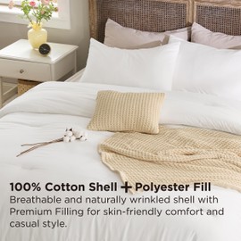 Bedsure 5 Pieces Cotton Comforter Set with Waffle Throw Blanket - Soft Breathable Bedding Set for All Seasons, White Comforter Full Size, Pillow Shams, Beige 100% Cotton Blanket, Throw Pillow