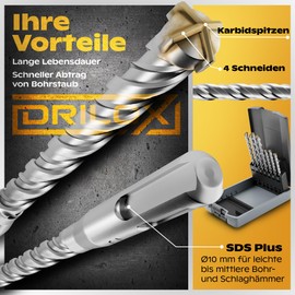 DRILOX SDS Plus Hammer Drill Bit Set 7-Piece Diameter 5-12 mm (110/160 mm) - Concrete Drill, Masonry Drill Bit for Concrete, Stone, Masonry & Brick, Precise 4-Cutter Design