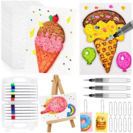 Magic Puffy Paint Set, Foam Texture Painting Set for Children, Rectangle Sponge Pictures, 3D Foam Texture Painting Paper with 10 Puffy Painting Set, 12 Colours, Pens, 10 Bead Strings, 3 Watercolour