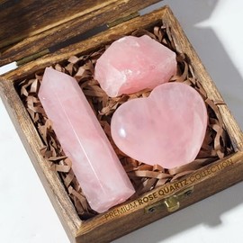 Anima Premium Rose Quartz Crystal Set - Rose Quartz Tower, Heart, and Raw Crystal - Large Crystals and Gemstones in Wooden Box - Ideal Spiritual Gifts for Women for Love, Healing, and Emotional Balance