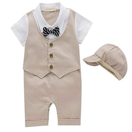 NYAN CAT Baby Boy Suit Toddler Short Sleeve Rompers Infant Outfit Onesie Suit Vest with Tie and Hat Beige 12-18 Months