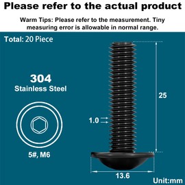 Drenky M6 Flat Head Screws with Hexagon Socket, Pack of 20 Screws Stainless Steel Hexagon Socket Stainless Steel A2 V2A Black Rounded Head Screws with Flange M6 x 25 mm Machine Screws Full Thread