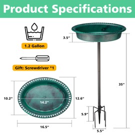 OBENSKY Oval Polyresin Bird Bath Bowl with Metal Stake, 34 Inch Height Outdoor Freestanding Birdfeeder - Green