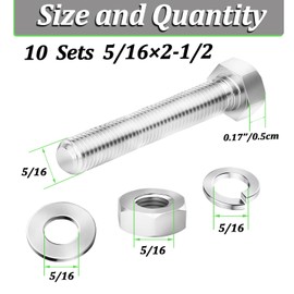 Ruibapa 10 Sets 5/16-18 x 2-1/2" Stainless Steel Hex Head Screws Bolts, Flat, Nuts & Lock Washers,Hex Bolts 18-8(304) Full Thread