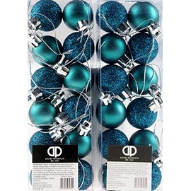 Set Of 24 Mini Christmas Shine Glitter Tree Baubles Decorations - Teal/Ocean Blue