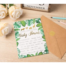 Juvale Baby Shower Invites - 36 Fill-in Invitations w/Envelopes, Tropical Safari Animal Theme, Green Palm Leaves with Gold Foil Designs, Party Supplies for Baby Showers, 5 x 7 Inches