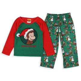INTIMO Curious George Christmas Fun Toddler Kid's Raglan Fleece 2-Piece Long Sleeve Long PJ Pant Pajama Set for Boys Girl, 5T Multicolored