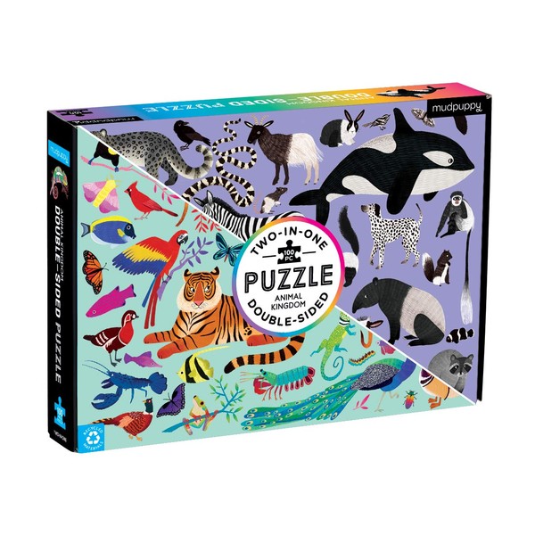 Mudpuppy Animal Kingdom Double-Sided Puzzle, 100 Pieces, 22”x16.5” – Perfect Family Puzzle for Ages 6+ - With Colorful Animals on One Side, Black and White Animals on the Other– Two Puzzles in One Box