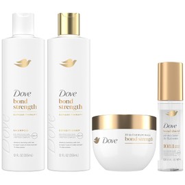 Dove Fuerza de Enlace, Sistema de Terapia de Daños – Champú, Acondicionador, Suero Escudo 10-en-1 y Mascarilla de Péptidos, Tratamiento de Reparación Capilar, Anti-Frizz (Set de 4 Piezas)