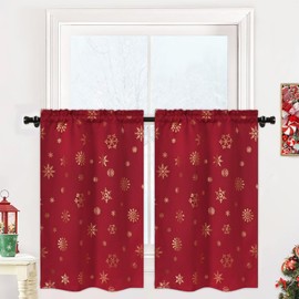 FRAMICS - Cortinas de cocina de Navidad, con estampado de copo de nieve dorado, cortinas de nivel de Navidad de 36 pulgadas de largo, bolsillo para barra, cortinas rojas de Navidad para cocina, 26 pulgadas de ancho x 36 pulgadas de largo, 2 paneles