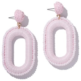 Beaded Raffia Earrings Statement Boho Earrings Cute Seed Bead Drop Dangle Earrings Summer Jewelry for Women(Pink)