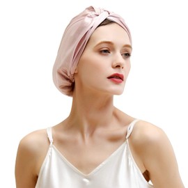 ZIMASILK 22 Momme 100% Mulberry Silk Sleep Cap for Women Hair Care,Natural Silk Hair Wrap for Sleeping, Silk Bonnet with Elastic Stay On Head, Classic Pleated(1Pc, Light Plum/Pink)