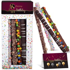 KREMERY Creamy Chocolate Cravings - Holiday Christmas Chocolate Covered Pretzel Rods Gift Basket in Confetti Tower (10 Count) Xmas Kwanzaa Birthday Sweet Treats - Assorted Candy Toppings, Kosher Dairy