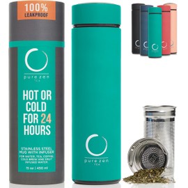 Pure Zen Tea Thermos with Infuser for Hot and Cold Infusions - Stainless Steel - Tea Infuser Bottle - Leakproof Travel Mug with Filter - 15oz