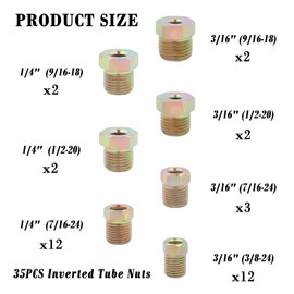 35PCS Brake Line Fittings Assortment,Brake Line Kit for 1/4 & 3/16 Brake Line Inverted Flares,Universal Rustproof Brake Line Repair Kit Brass Brake Line Nuts for Car Truck SUV